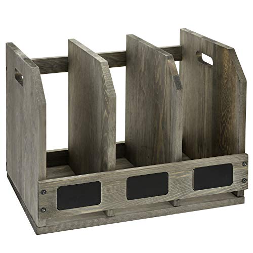 MyGift Vintage Gray Solid Wood Magazine Holder with 3 Compartments and Chalkboard Label, Office Home Desktop Document Organizer, Desk File Folder and Binder Rack