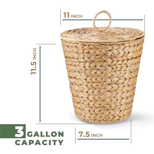 3 Gallon Wicker Trash Can with Lid and Liner - Rattan Trash Can - Wicker Waste Basket for Bathroom, Bedroom, Kitchen, Living Room