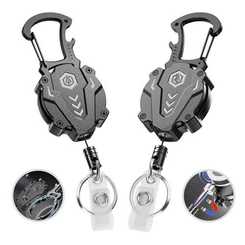 2Pack Heavy Duty Retractable Keychain, Tactical ID Badge Holder Reel Carabiner Clip with Magnetic Closure for Men, Unbreakable Sandwich Construction with 31" Dyneema Cord, Bearing 25oz