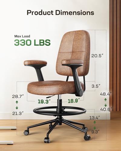 Marsail Oversized Ergonomic Drafting Chair for Standing Desk with 3.5" Cushion, Flip-Up Arms, Foot Ring, Leather-Linish Comfort Brown