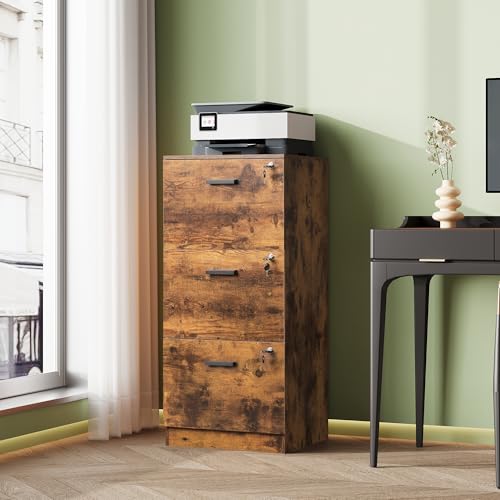DevaiSe Rustic Brown 3-Drawer Wood File Cabinet – Vertical Holder for Letter & A4, Fits Home Office