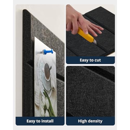 Large Cork Board, 12 Pack 12"X12"X0.4" Felt Bulletin Board Tiles with Self Adhesive for Wall Home Office Decor, Pin Cork Boards-Black