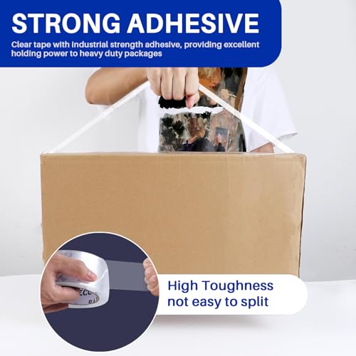 RAZCC Heavy Duty 2-Inch Clear Packing Tape 12 Rolls with Dispensers - Strong Sealing for Shipping & Moving