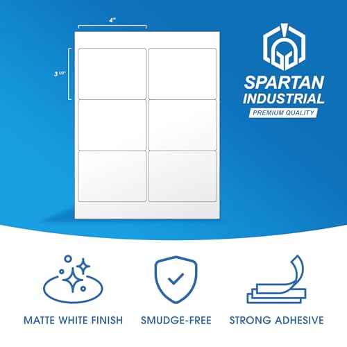 3 1/3" X 4" Matte White Shipping Labels Compatible with Inkjet and Laser Printers - 250 Sheets, 1500 Printable Stickers for Mailing, Product IDs, Organization - Spartan Industrial Template R015