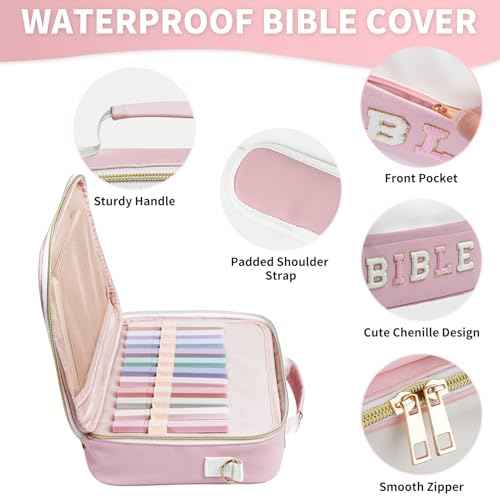 Bible Cover Case for Women, Large Chenille Letter Leather Bible Case with Bible Study Accessories, Bible Study Supplies Bible Journaling Kit, Christmas Christian Gift for Women Girls (Pink)