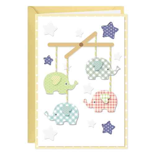 Baby Shower Card - 3D Cute Design Baby Shower Card for Boy or Girl with Envelope and Seal Sticker, 5x8in Welcome New Baby Gender Neutral (Elephants & Stars)