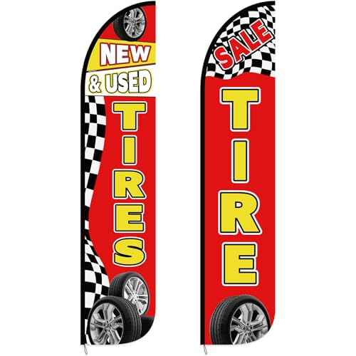2 Pack 12 Feet Tire Sale King Flags New and Use Tires Shop Feather Flags for Businesses Highly Visible Weatherproof Polyester Banner Sale Advertising Sign No Flagpole Include(Fashionable)