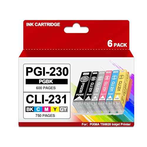 PGI-230 CLI-231 Ink Cartridge 230 231 XXL High Yield Replacement for Canon PGI-230 CLI231 Ink Cartridges for PIXMA TS8820 Printer(6 Packs,B,C,M,Y,GY,PGBK)