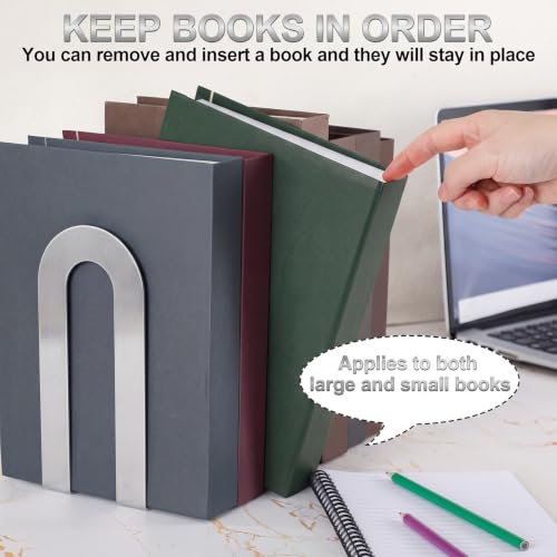 Chunful 2 Pcs Silver Metal Bookends - Modern U-Shaped Shelving Supports, 7.5 x 5.75 x 3.5 in