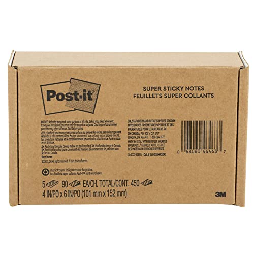 Post-it Super Sticky Lined Notes, 5 Sticky Note Pads, 4x6 in, 2X The Sticking Power, Back to School Supplies for Students, Sticky Notes for Textbooks, Notebooks, and Vertical Surfaces, Bright Colors