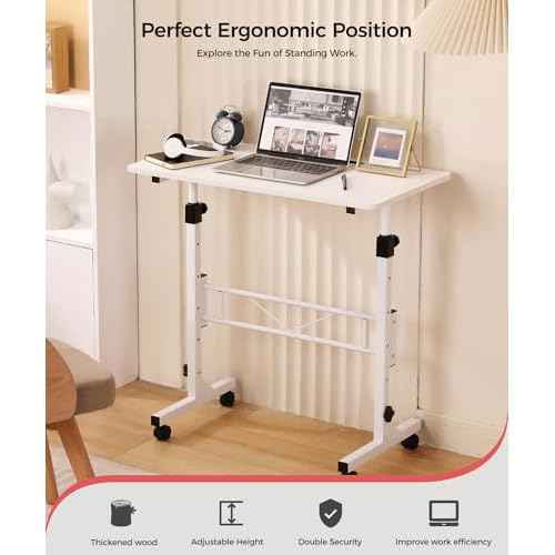 KLSMYHOKI Portable Standing Desk Adjustable Height, Small Computer, Laptop, Mobile Stand Up Rolling Desk with Wheels, Table for Home Office, 16"x31.5" Height 27"-43.5", White
