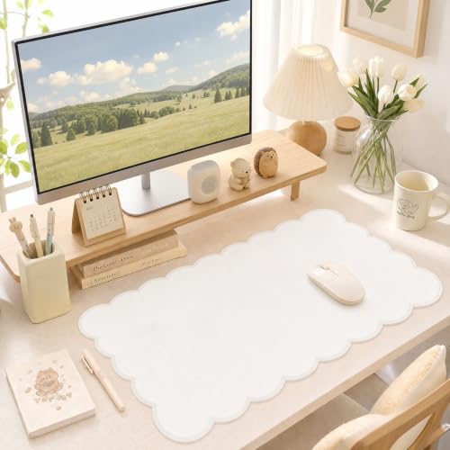 Yuhijoy Beige Scalloped Desk Mat 31.5x15.7-inch Large Mouse Pad for Office & Gaming