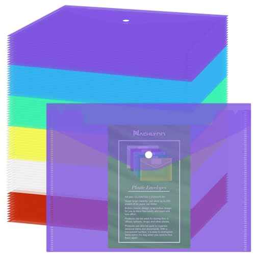 NACHLYNN 108 Pack Plastic Envelopes Poly Envelopes with Snap Closure A4 Size Clear Document File Folders Organizers Assorted Color File for School Office Supplies