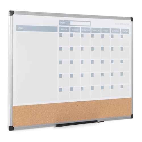 MasterVision Magnetic Dry Erase Monthly Calendar Planner Push Pin Corkboard Combo with Marker Tray, 24" x 36", Gray Plastic Frame, White, MB0707186P
