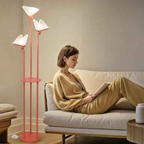 Butterfly Lamp, Pink Floor Lamp with Shelves, 3 Lights Modern Standing Lamps with Table, Acrylic Adjustable LED Butterfly Lights, On/Off Switch, Corner Tall Lamps for Living Room Girls Bedroom