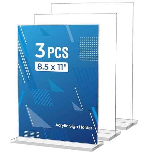 3 Pack Acrylic Sign Holder 8.5 x 11 Inches, Clear Menu Stand, Vertical Flyer Display, Table Paper Holder, Desk Brochure, Plastic Sign Display for Restaurants, Office, Store