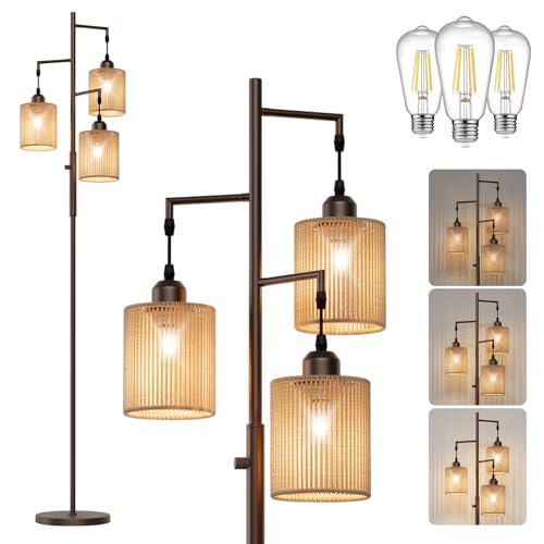 Hotsonic 72" Tall Boho Floor Lamp, Dimmable Standing Lamp with Handcrafted Rattan Shade, Industrial Tree Floor Lamps for Living Room, Bedroom, Study Room, Office (3 x 800LM LED Bulbs Included) - Brown