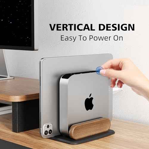 Mac mini Vertical Stand, Universal Aluminum & Wooden Desktop Holder for 2010-2024 M1/M2/M2 Pro/M4/M4 Pro, Cooling & Space-Saving Design