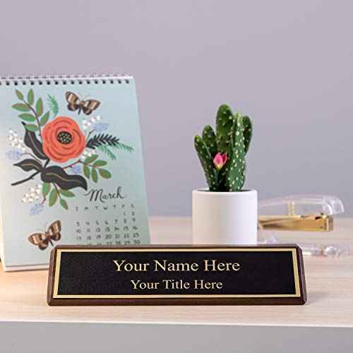 ExcelMark Personalized Walnut Wood Business Desk Black Name Plate with Gold Letters - 2"x 8"