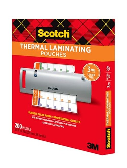 Scotch Thermal Laminating Pouches, 200 Count, Clear, 3 mil., Ideal Office or School Supplies, Fits Letter Sized Paper (8.9 in. × 11.4 in.)