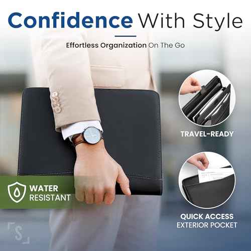 STYLIO Zipper Padfolio Portfolio Binder Organizer | Faux Leather Portfolio for Resume, Documents, Phone, Tablet, Business Supplies and Cards | Notebook Organizer with Letter Sized Notepad Included