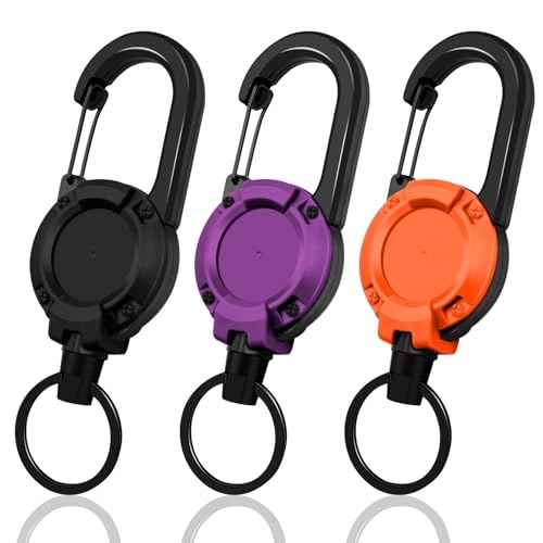 Retractable Keychain 3 Pack, Heavy Duty ID Badge Holder Reel, Multitool Carabine Key Holder for Keychain, Badge Holder with 25.6" Steel Retractable Cord Key Ring Clip, 8.8 oz (Black+Purple+Orange)