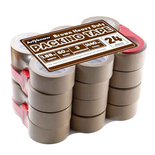 Brown Packing Tape 24 Rolls Heavy Duty Packing Tape with 3 Dispenser - 2.5mil x 1.88" x 60Y Strong Adhesive Packaging Tape for Carton Sealing, Shipping, Mailing & Storage