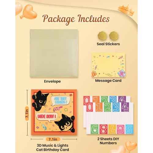 Meow Song Musical Birthday Card - DIY Age & Blowable Candle & Colorful Lights Birthday Pop Up Card 3D Cute Funny Cat, Surprise Gifts for Girl Boy Kids Women Cat Lover with Envelope Blank Note