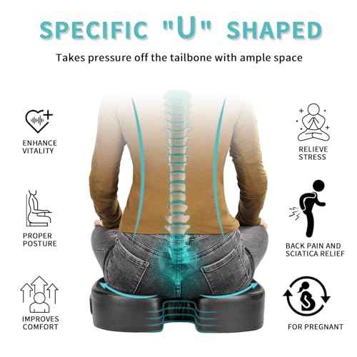 Luxury Seat Cushion, 4 Inch Extra Thick Memory Foam for Pressure Relief, Sciatica, Tailbone Pain & Back Pain Relief, Multi-Use for Bleachers, Car, Gaming, Office Chair (Black)