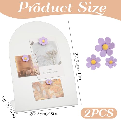 Magnetic Bulletin Board Set with Purple Flower Magnets, 11x7.86 Inch White Metal Memo Display for Home Office Kitchen