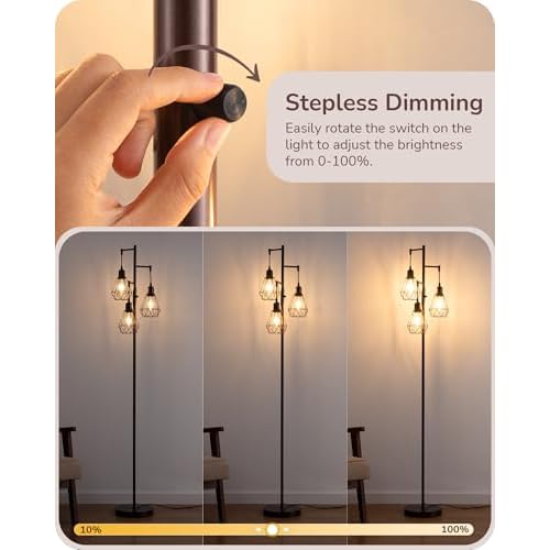 EDISHINE 70IN Industrial Floor Lamps for Living Room, Dimmable Farmhouse Corner Reading Lamp, Diamond-Shaped Lampshade, 3 LED Edison Bulbs Included, Rustic Tree Standing Lamp for Bedroom, Brown