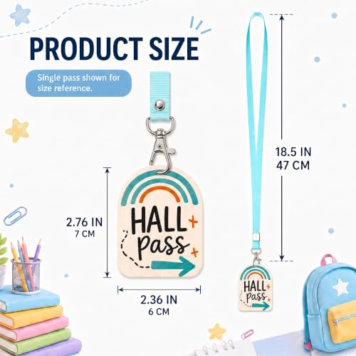 Macaron Colors 6-Pack Wooden School Hall Pass Lanyards with Passes - Pastel Classroom ID Set
