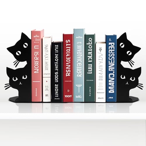 ENCIMART Black Peeping Cat Bookends - Decorative Heavy Metal Book Ends for Shelves