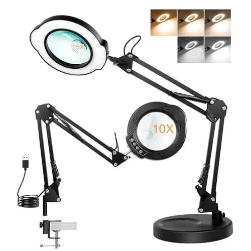 10X Magnifying Glass with Light and Stand, 2 in 1 Real Glass Lens Magnifying Desk Lamp, 5 Color Modes, Brightness Stepless Dimmable LED Lighted Magnifier Hands Free for Repair Craft Close Work