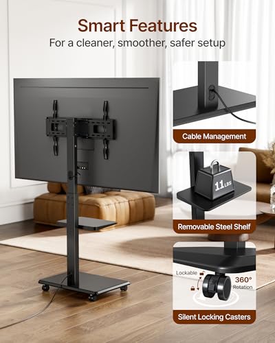 ECOTINY Black Rolling TV Stand for 32-75 Inch TVs up to 110 lbs - Adjustable Height & Swivel