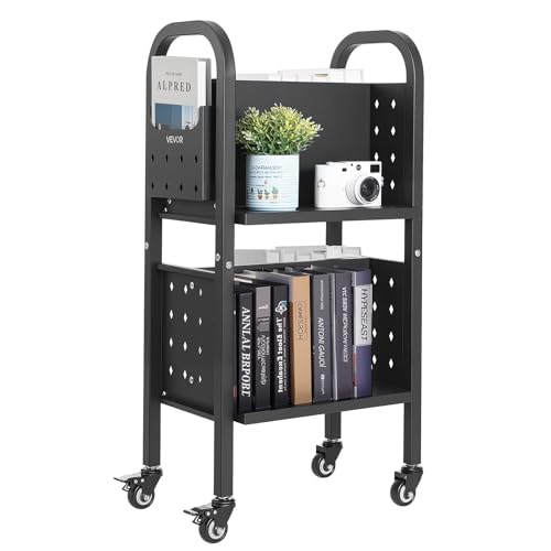 VEVOR Rolling Library Book Cart, 150 lbs Capacity, 17.7 x 13.0 x 34.6-Inch Library Cart, Double Sided L-Shaped Shelves with 2-Inch Lockable Wheels, Book Truck for Home Shelves Office and School, Black