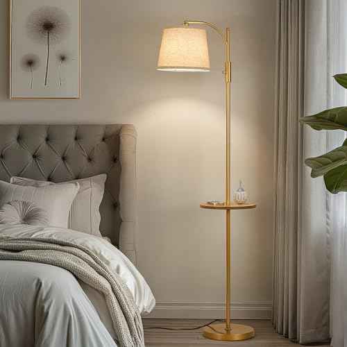 AIDENOEY Fully Dimmable Floor Lamp for Living Room£¬Standing Lamp Rotary Switch with Table&Linen Beige Shade£¬Golden Tall Lamps for Bedroom with Adjust Head£¬9W LED Bulb Included