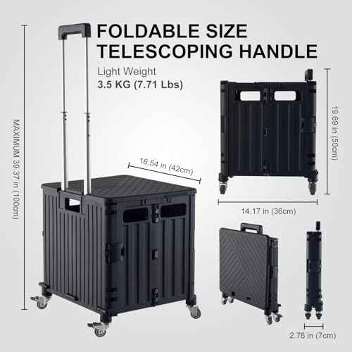 Folding Utility Cart Portable Rolling Crate Handcart Shopping Trolley Collapsible Tool Box, with Lid, Basket on 4 Rotate Wheels, for Grocery, Office, Luggage, Teacher (Black)