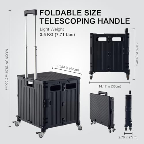 Black Folding Utility Cart with Lid – Portable Rolling Handcart for Grocery, Office, Travel