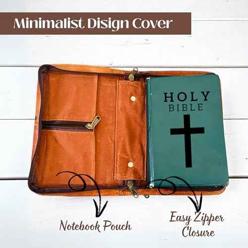 Leather Bible Cover Book Cover Planner Cover with Zipper & Handle and Inner Pocket for Men and Women- Church Bag Carrying Case Christian Religious Gifts (Brown, Medium)