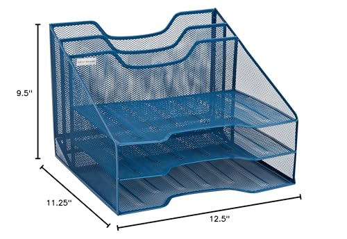 Mind Reader Metal Mesh Desktop File Organizer, 3-Tier Paper Tray with 5 Compartments, Office Mail Sorter, Turquoise