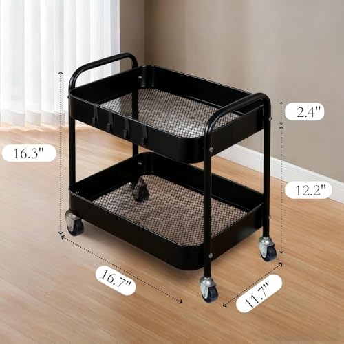 Black 2-Tier Metal Rolling Utility Cart with Handle & Lockable Wheels