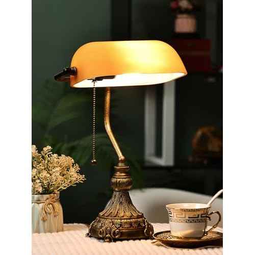 Newrays Vintage Amber Glass Bankers Desk Lamp for Home Office,Library with Pull Chain Switch Plug in Fixture, LED Bulb Included