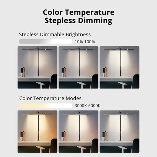 Led Desk Lamp for Office Home, Architect Desk Lamp with Clamp, Ultra Bright Dimmable Table Light, Stepless Dimming and Tempering Desk Light for Workbench Drafting Reading Study (Black)