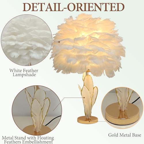 Chic White Feather Lamp Creative Furry Table Lamp Modern Feather Desk Lights Romantic Princess Bedside Nightstand Light for Teen Girls Bedroom Decoration Living Room Wedding Kids Room