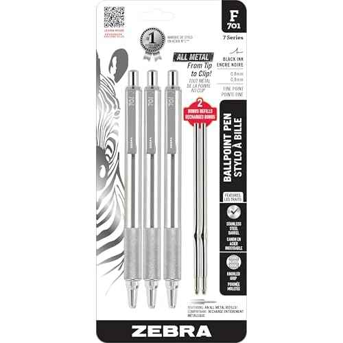 Zebra Pen F-701 Retractable Ballpoint Pen, 0.8mm Fine Point, Stainless Steel Barrel, Ideal for Office Supplies, School Supplies & Teacher Supplies, Black Ink, 3-Pack Plus 2 Refills (29412)