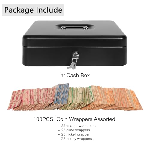 Goehiaul Large Lock Cash Box with Key & Tray (Black) – Includes 100 Coin Wrappers
