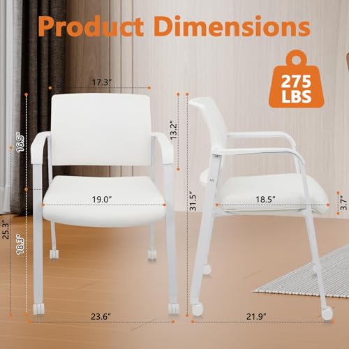 CLATINA 2-Pack White Stacking Office Chairs with Wheels – Mesh Back, Thick Leather Seat & Arms, Ergonomic Lumbar Support