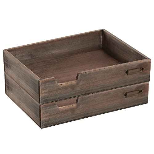MyGift Set of 2 Vintage Distressed Finish Brown Wood Stackable Office Desktop Document Letter Paper Tray