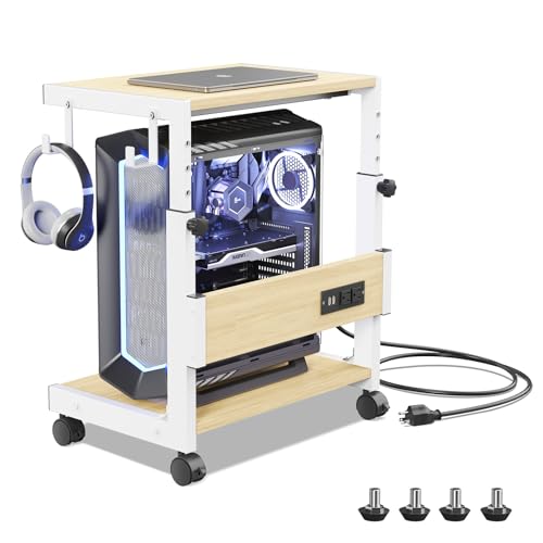Computer Tower Stand with Charge Station and USB Charging Port - Height Adjustable PC Tower Stand, Under Desk CPU Holder Cart with Locking Caster Wheels for Fits Most PC
